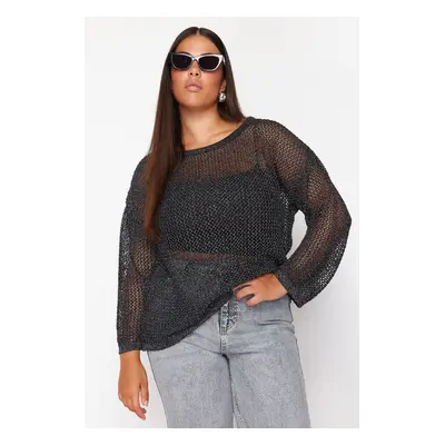 Trendyol Curve Black Lurex Boat Neck Openwork/Hole Knitwear Sweater