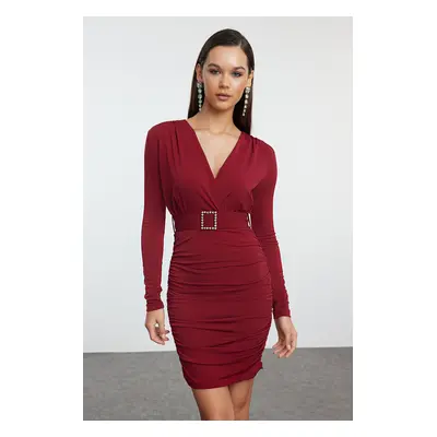 Trendyol Burgundy Burgundy Belt Detailed Knitted Short Elegant Evening Dress