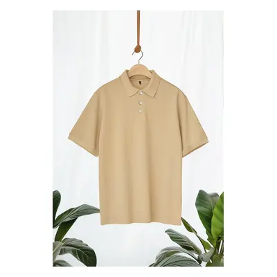 Trendyol Plus Size Beige Regular/Normal Cut 100% Cotton Polo Neck T-shirt