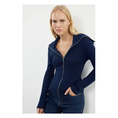 Trendyol Navy Blue Premium Yarn/Special Yarn Basic Knitwear Cardigan