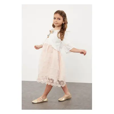 Trendyol Girl's Pink Bolero Floral Appliqued Stone Detailed Woven Set Dress