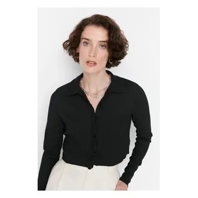 Trendyol Black Button Fitted Polo Neck Ruffle/Textured Crop Knitted Blouse