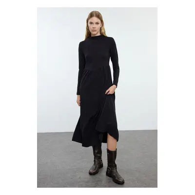 Trendyol Black Straight High Neck Skater/Waist Opening Flexible Maxi Knitted Dress