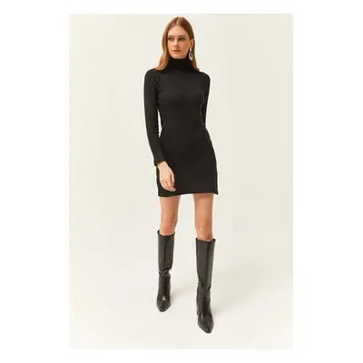 Olalook Women's Black Full Turtleneck Thick Ribbed Mini Dress