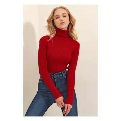 Trend Alaçatı Stili Women's Burgundy Turtleneck Ribbed Knitwear Sweater