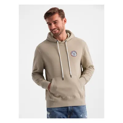 Ombre Men's kangaroo sweatshirt with hood and college style patch - sand