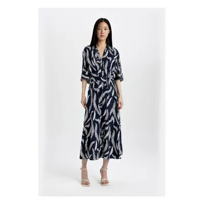 DEFACTO Shirt Collar Patterned Linen Blend Half Sleeve Midi Dress