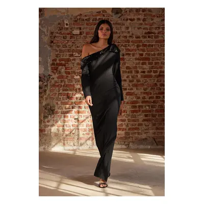 Trendyol Black Body-fitting Asymmetric Collar Single Sleeve Woven Elegant Evening Dress & Gradua