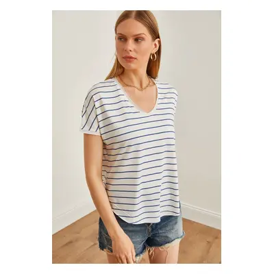 Olalook Women's Indigo V-Neck Striped Filthy Stitching Casual T-Shirt