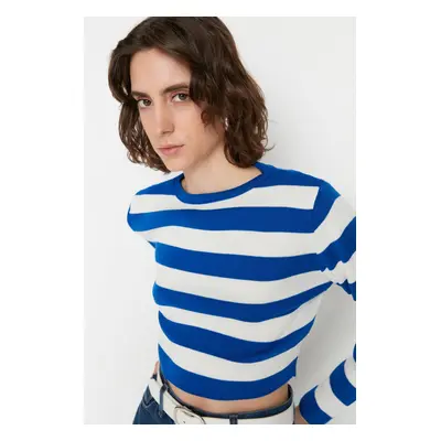 Trendyol Navy Blue Crop Základní pruhovaný pletený svetr