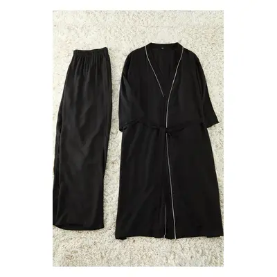 Trendyol Curve Black 2-Piece Viscose Binding Dressing Gown-Pajama Bottom Woven Pajama Set