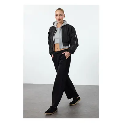 Trendyol Black Stripe Detailed Wide Leg High Waist Knitted Sweatpants