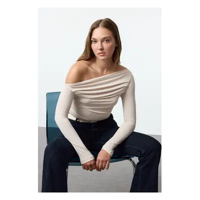 Trendyol Stone Gather/Drape Detailed Fitted/Body-Smoothing Long Sleeve Flexible Knitted Blouse