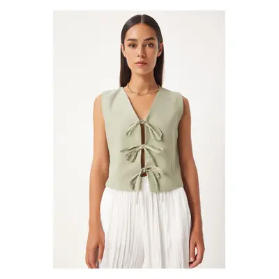 Happiness İstanbul Women's Green Bow Linen Vest