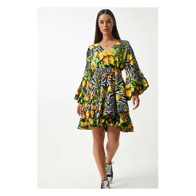 Happiness İstanbul Women's Yellow Black Patterned Summer Loose Viscose Dress