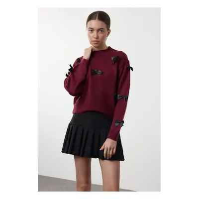 Trendyol Claret Red Soft Textured Ribbon/Bow Detailed Knitwear Sweater