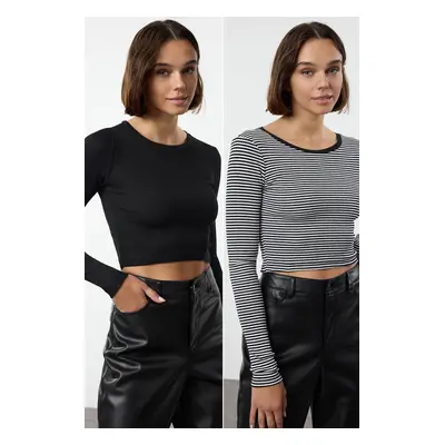 Trendyol Black-Black Striped Pack Fitted Flexible Knitted Blouse