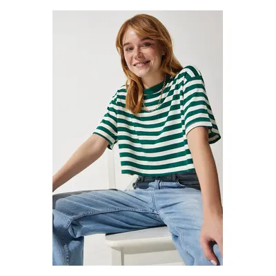 Happiness İstanbul Women's Dark Green Crew Neck Striped Crop Knitted T-Shirt