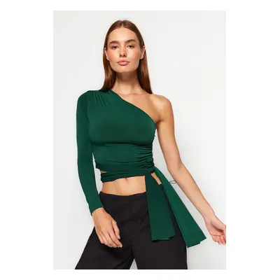 Trendyol Emerald Green Slim Tie Detailed Single Sleeve Crop Stretchy Knitted Blouse