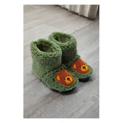 Trendyol Green Plush Teddy Bear Embroidered Big Boy Kids Slipper House Boots