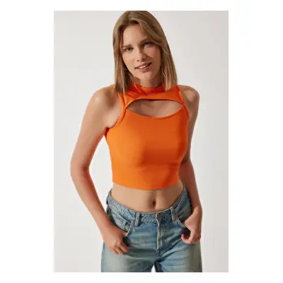 Happiness İstanbul Women's Orange Cut Out Detailed Ribbed Crop Knitted Blouse