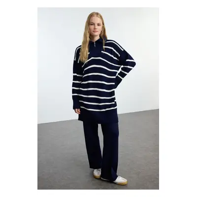 Trendyol Navy Blue Zipper Detailed Thessaloniki Striped Knitwear Top-Bottom Set