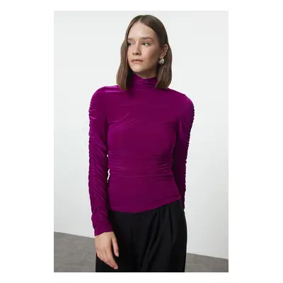 Trendyol Purple Ruffle/Drape Detailed Turtleneck Fitted/Closed Knitted Blouse