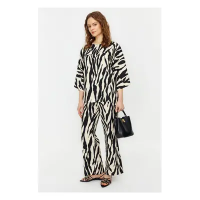 Trendyol Mink Three Quarter Sleeve Zebra Patterned Tunic Trousers Woven Bottom Top Set