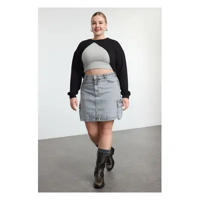 Trendyol Curve Black Cut Out Detailed Asymmetrical Thin Knitted Crop Plus Size Sweatshirt