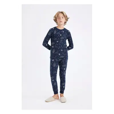 DEFACTO Boy's Pajama Set Crew Neck Patterned Long Sleeve Top Long Bottom