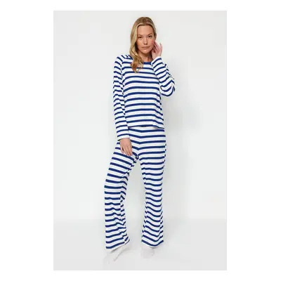 Trendyol Navy Blue-White Striped Cotton Corduroy Tshirt-Pants Knitted Pajama Set