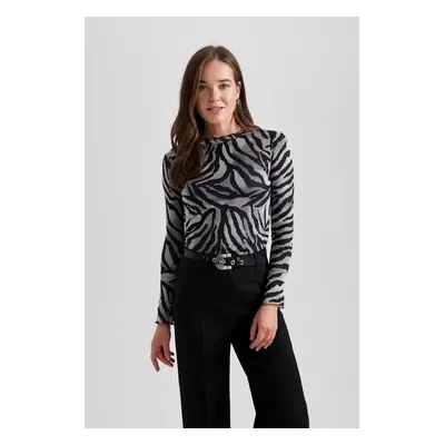 DEFACTO Crew Neck Zebra Patterned Tulle Long Sleeve T-Shirt Tunic