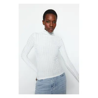 Trendyol White Premium Textured Fabric High Neck Fitted/Closed Knitted Blouse