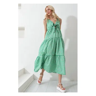 Trend Alaçatı Stili Women's Green Strappy Layered Flounced Front Lace Up Maxi Length Poplin Wove