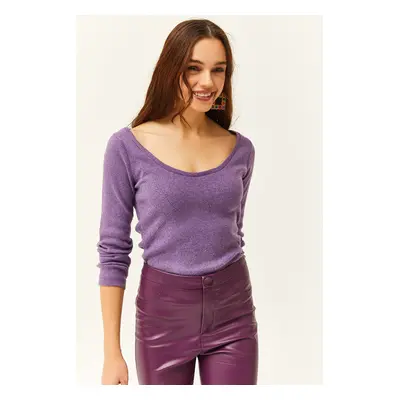 Olalook Women's Purple Pool Neck Raised Lycra Blouse