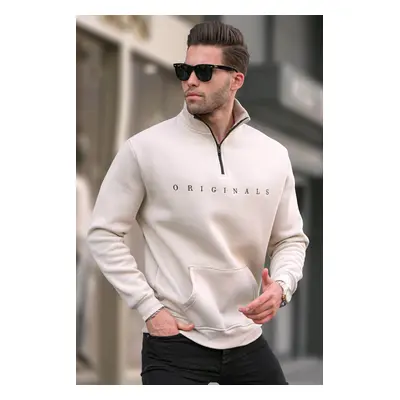 Madmext Beige Zipper Collar Embroidered Sweatshirt