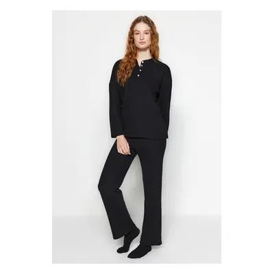 Trendyol Black Button Detail Textured Knitted Pajama Set