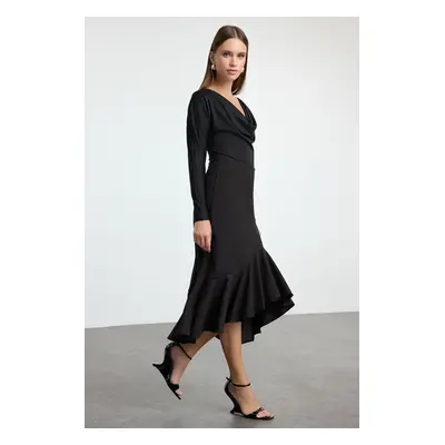 Trendyol Black Asymmetrical Stretch Midi Knitted Skirt