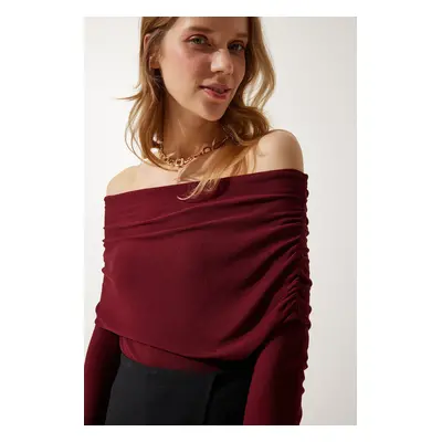 Happiness İstanbul Women's Burgundy Off-Shoulder Gathered Detailed Blouse