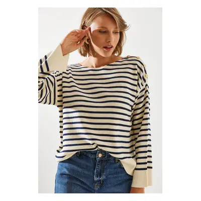 Bianco Lucci Women's Striped Shoulder Buttoned Sweater