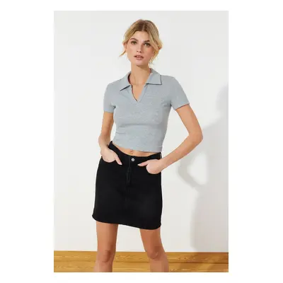 Trendyol Gray Melange Fitted Crop Polo Neck Ribbed Stretch Knitted Blouse