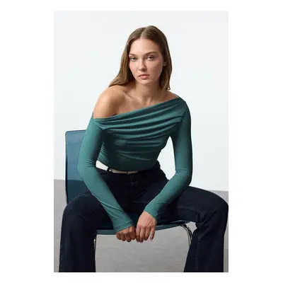 Trendyol Petrol Gathered/Drape Detailed Fitted/Body-Smoothing Long Sleeve Flexible Knitted Blous