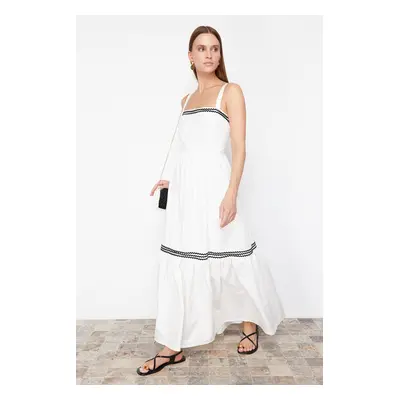 Trendyol White Belted Black Stripe Accessory Detailed Maxi Woven Dress