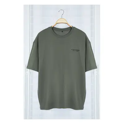 Trendyol Khaki Oversize/Wide Cut Text Printed Short Sleeve 100% Cotton T-Shirt