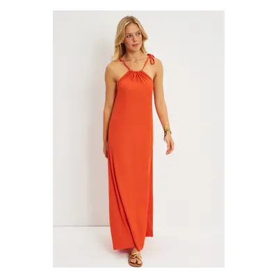 Cool & Sexy Women's Orange Halter Neck Wrap Midi Dress