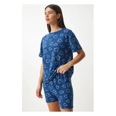 Happiness İstanbul Women's Navy Blue Patterned Viscose Shorts T-Shirt Pajama Set