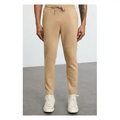 Trendyol Beige Slim Fit Elastic Waist Tie Suede Trousers