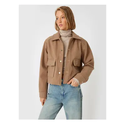 Koton Buttoned Pocket Shirt Collar Crop Cashmere Jacket