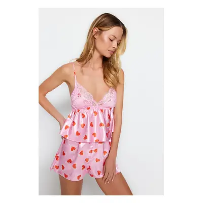 Trendyol Pink-Multicolored Heart Satin Woven Pajama Set with Lace Rope Straps