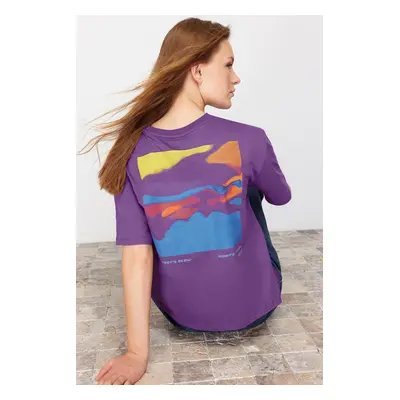 Trendyol Purple 100% Cotton Printed Relaxed/Comfortable Pattern Knitted T-Shirt